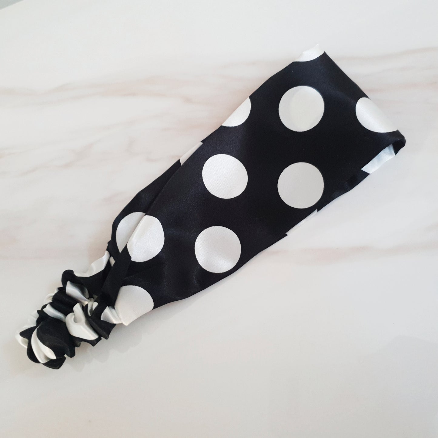 FLAT SATIN HEADBAND - White Polka Dots on Black