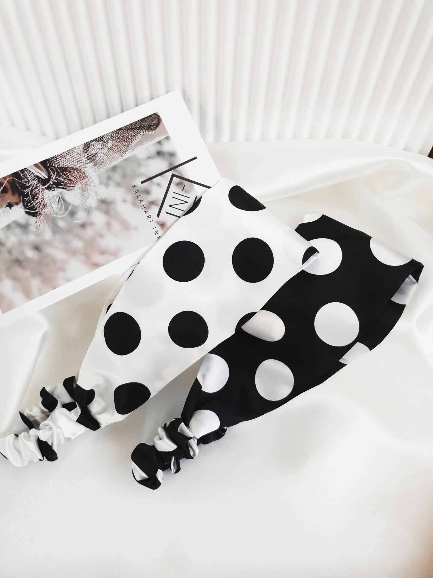 FLAT SATIN HEADBAND - White Polka Dots on Black