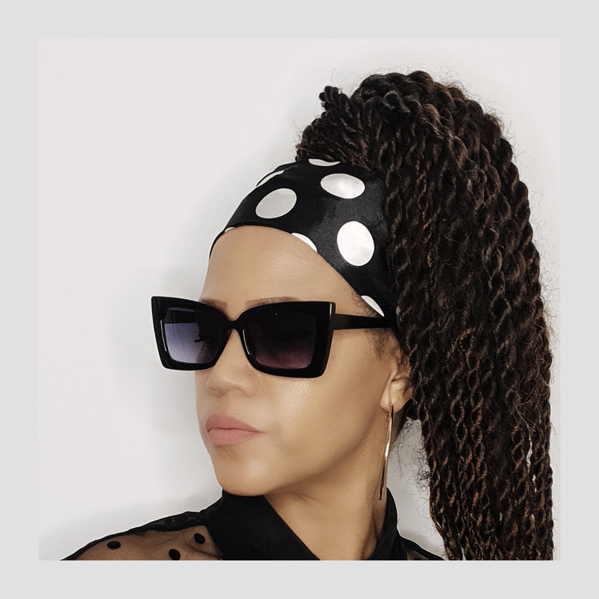 FLAT SATIN HEADBAND - White Polka Dots on Black